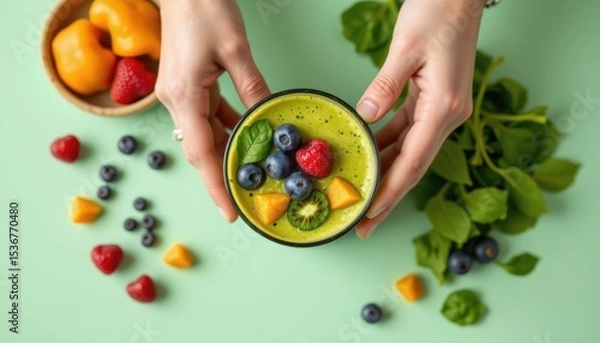 Fototapeta Hands Holding a Colorful Smoothie Bowl Surrounded by Fresh Berries and Green Leafy Ingredients