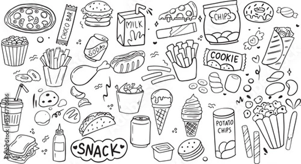 Fototapeta junk food doodle vector set, hand drawn fast food sketch, burger pizza fries soda icons, black and white restaurant design

