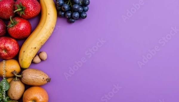Fototapeta Assorted Fresh Fruits Including Bananas, Grapes, and Strawberries on a Purple Background