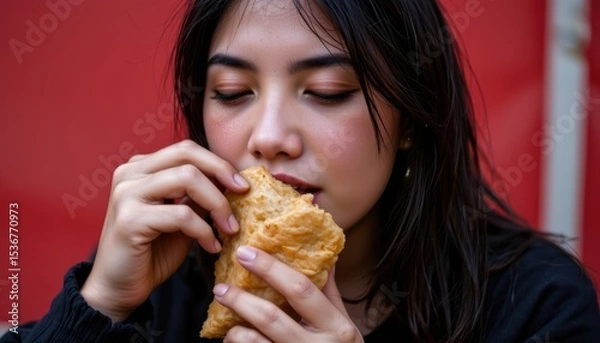 Fototapeta Young Woman Enjoying Warm Snack While Taking a Bite in an Urban Setting with Vibrant Background