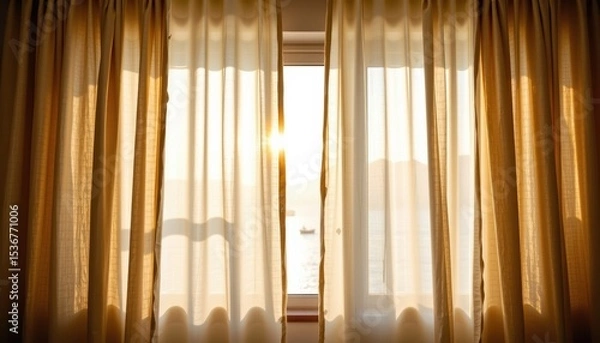 Fototapeta Bright Sunset Illuminating Sheer Curtains in a Cozy Room with a View of the Sea
