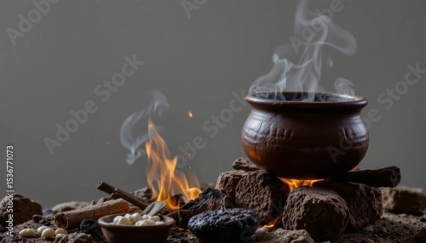 Fototapeta Traditional Clay Pot Cooking with Flames and Aromatic Smoke in a Rustic Kitchen Setting