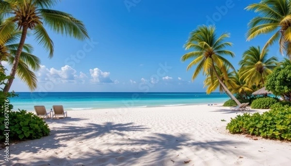Fototapeta Serene Tropical Beach with White Sand and Palm Trees under Clear Blue Sky