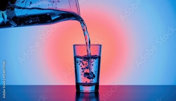 Fototapeta Pouring Water Into a Clear Glass Against a Gradient Background of Blue and Red Lighting