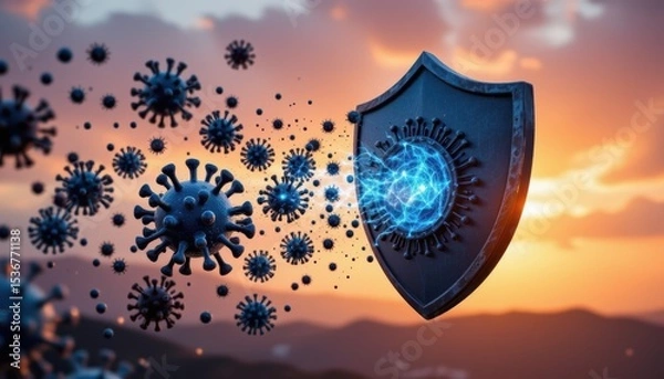 Fototapeta Digital Shield Representing Protection Against Virus Particles at Sunset in a Science Concept