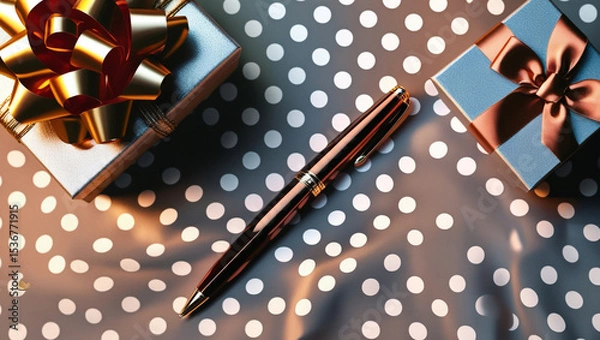 Obraz Christmas Gift Boxes with Wrapping Paper and Festive Ornaments, Festive Holiday Decorations with Polka Dot Wrapping and Bokeh Lights, Cozy Christmas Scene with Wrapped Gifts and Holiday Decor Elements