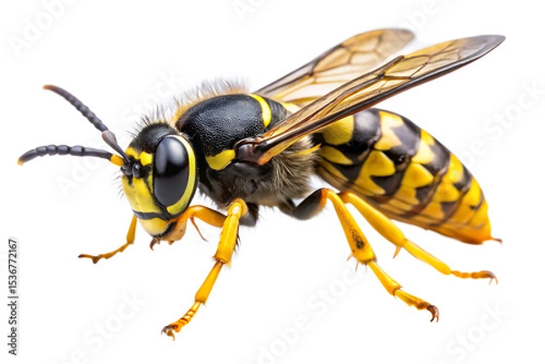 Fototapeta Detailed closeup of a wasp isolated on a white background