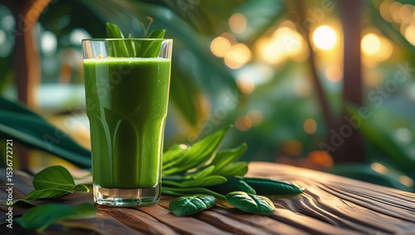 Obraz Healthy Lifestyle Concept with Green Smoothie and Tropical Background

