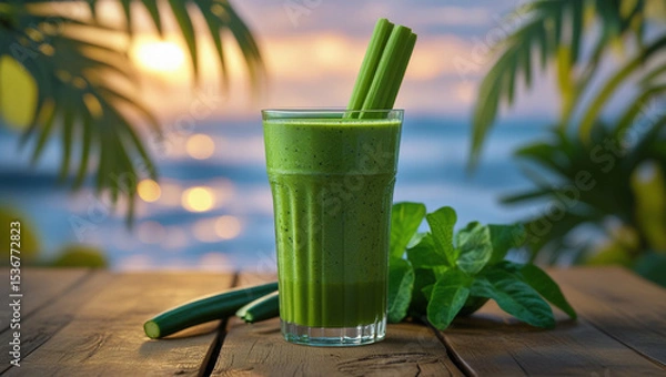 Obraz Lush Garden Setting with Organic Green Smoothie and Palm Trees


