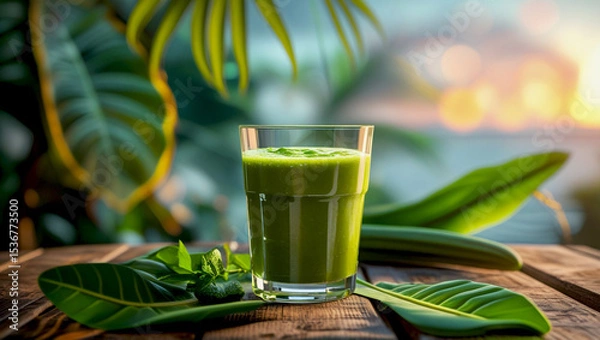 Obraz Tropical Wellness Scene with Green Smoothie and Vibrant Foliage

