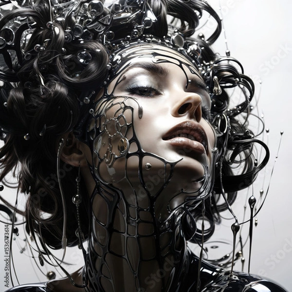 Fototapeta Surreal woman face with intricate scifi glossy textured hair and skin face and neck adorned by metallic spider-like structure and a complex bubble-like crown on its head