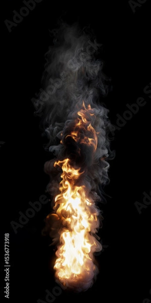 Fototapeta Isolated thin and tall Fire with Smoke burning like a torch on a black background