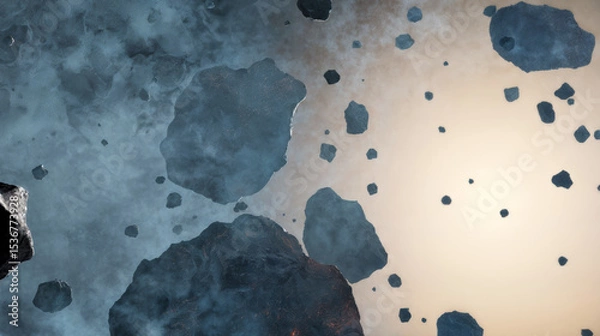 Obraz Outer space with a cluster of asteroids of varying sizes surrounded by a smoky atmosphere with a gradient background transitioning from dark to light