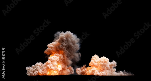 Fototapeta Two Isolated explosions or blasts with a significant amount of thick grey smoke rising into the air set against a black background