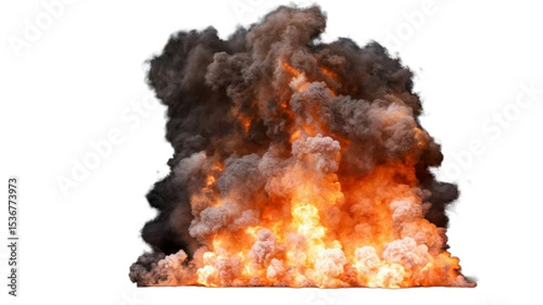 Fototapeta Isolated large explosion with a bright orange and yellow flame surrounded by thick dark smoke that rises and spreads upwards on a white background