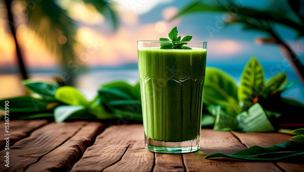 Obraz Green Smoothie on Wooden Table in Tropical Garden with Morning Light

