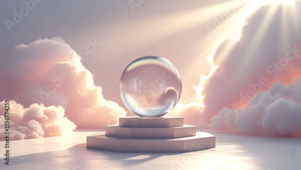 Obraz Floating Glass Sphere Over Podium Under Cloudy Sky with Sun Rays

