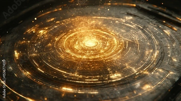 Fototapeta Golden, circular energy core within a technological structure