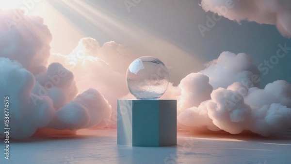 Obraz Dreamlike Glass Orb on Minimal Podium with Sun Beams and Clouds

