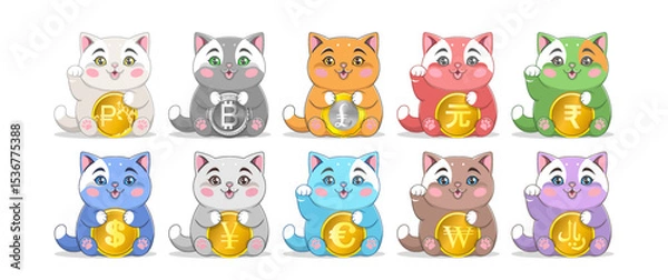 Fototapeta Vector set, chubby, calling monetary cats. Sitting lucky pussies with coins of different currencies. Collection of feline stickers. Bitcoin, ruble, pound, yuan, rupee, dollar, yen, euro, won and riyal