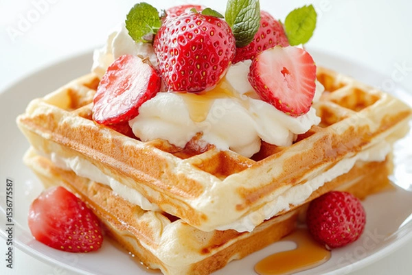 Fototapeta Two fluffy waffles stacked high with cream, fresh strawberries, and a drizzle of syrup make for a delightful brunch treat ready to enjoy