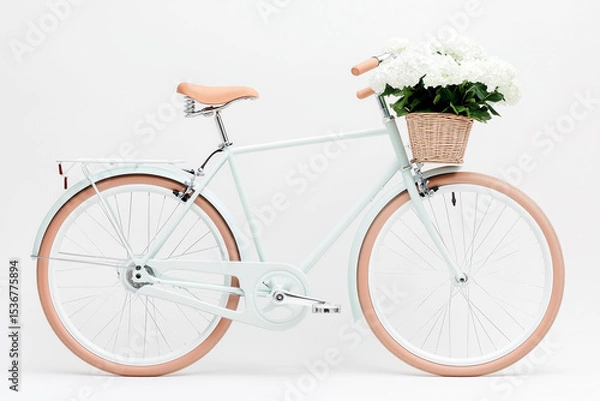 Fototapeta A modern bicycle stands upright against a white background, featuring a wicker basket filled with vibrant flowers, showcasing a chic and fresh look