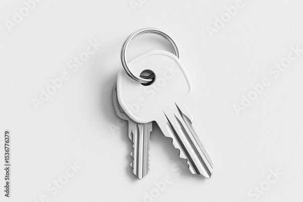 Fototapeta Two keys are placed on a clean white surface, showcasing their metallic shine and minimalist design, symbolizing access and security in various contexts