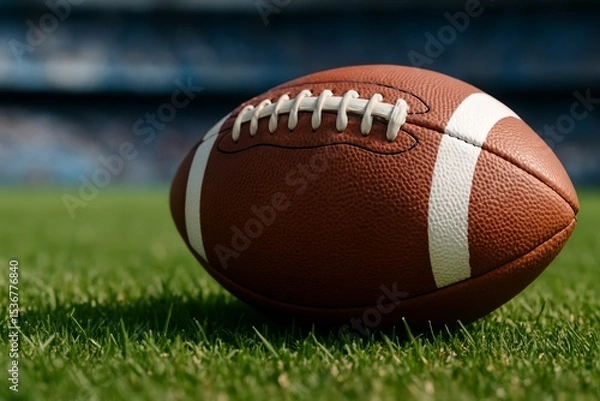 Fototapeta Leather ball resting on the grass ready for a sports game in a stadium filled with fans during a sunny day