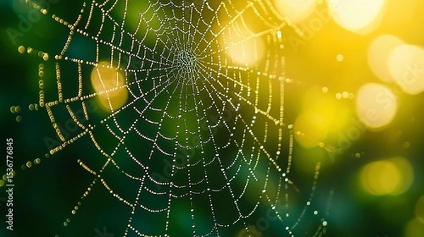Fototapeta Dew-kissed spiderweb in vibrant bokeh