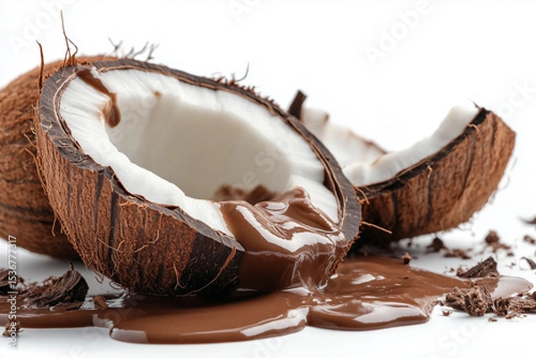 Fototapeta Clear view of a cracked coconut shell with chocolate oozing out, surrounded by chocolate shavings. Perfect for dessert inspiration and tropical themes