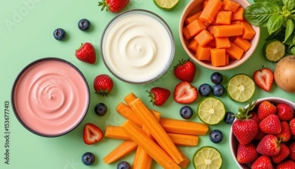 Fototapeta Colorful Arrangement of Healthy Snacks Featuring Yogurt, Fresh Fruits, and Vegetables on Green Background