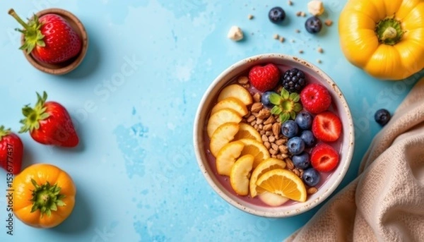 Fototapeta Colorful Fruit Bowl with Sliced Banana, Berries, and Granola on Light Blue Surface