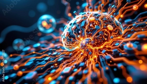 Fototapeta Abstract Visualization of a Brain with Circuit Board Connections and Electric Energy Flow