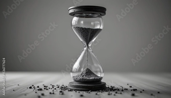 Fototapeta Hourglass Filled with Dark Sand on a Tabletop Against a Monochrome Background