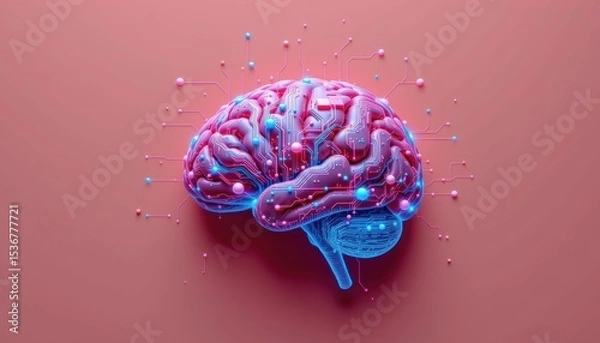 Fototapeta Abstract Digital Brain Illustration with Neon Colors and Circuit-Like Connections on Pink Background