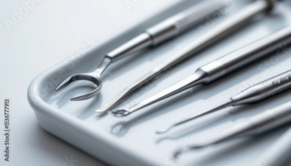 Fototapeta Close-Up of Dental Surgical Instruments on a Clean White Tray in a Clinical Setting