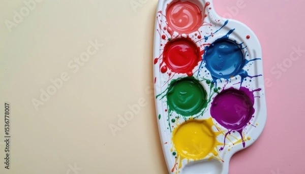 Fototapeta Colorful Paint Palette with Six Vibrant Colors on a Soft Background for Creative Expression
