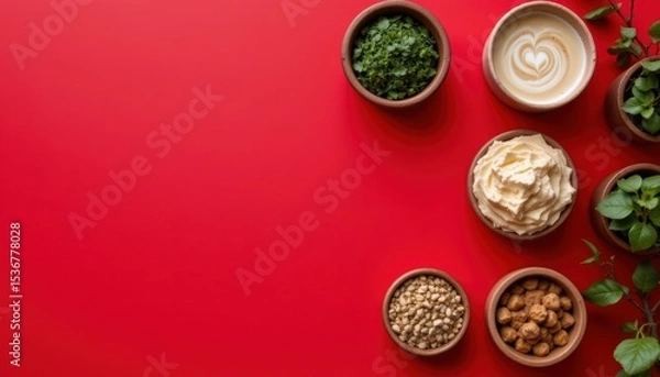 Fototapeta Colorful Display of Healthy Ingredients Including Hummus and Fresh Herbs on a Red Background