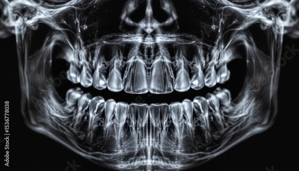 Fototapeta X-ray Illustration of a Human Skull with Emphasis on Teeth and Jaw Structure in Black and White