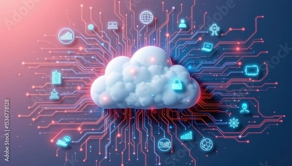 Fototapeta Modern Cloud Technology Concept with Data Connections and Digital Icons Representing Innovation
