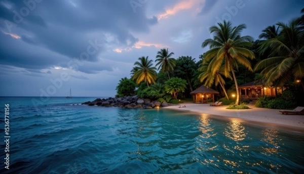 Fototapeta Tranquil Beach at Sunset with Lush Palm Trees and Peaceful Ocean Reflections