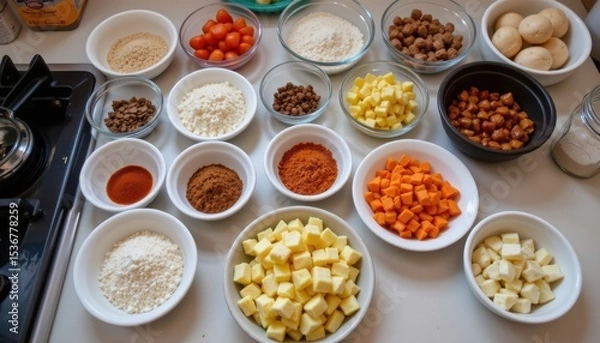 Fototapeta Various Fresh Ingredients Arranged in Bowls for Cooking Preparation on a Kitchen Counter
