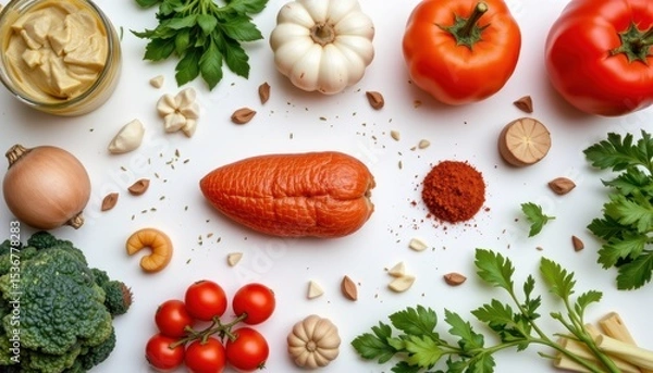Fototapeta Arrangement of Fresh Vegetables and Spices on a White Surface Creating a Colorful Culinary Display