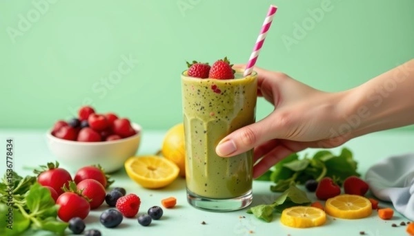 Fototapeta Hand Holding a Fresh Green Smoothie with Raspberries and Lemon on a Mint-Colored Background