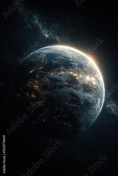 Fototapeta Earth From Space With City Lights and Milky Way, Illustrating Global Connectivity and Environmental Awareness in Science and Technology Projects : Generative AI