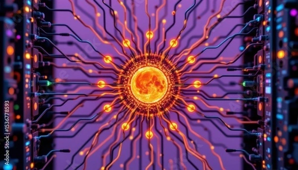 Fototapeta Abstract Representation of a Vibrant Sun with Circuit Patterns Against a Purple Background