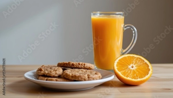 Fototapeta Freshly Baked Cookies and a Glass of Orange Juice on a Wooden Table for Breakfast Setting