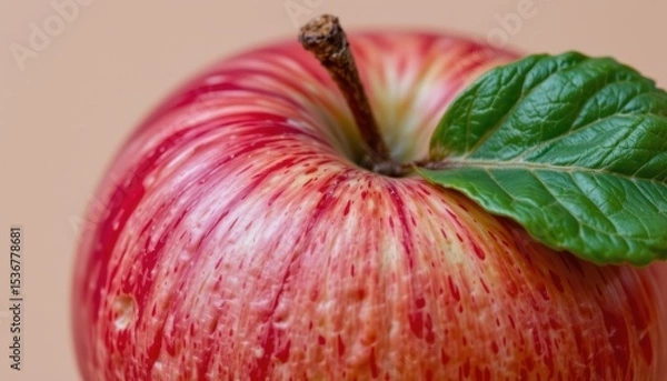 Fototapeta Closeup of a Fresh Red Apple with a Green Leaf on a Soft Beige Background