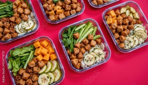 Fototapeta Healthy Meal Prep Containers with Colorful Vegetables and Plant Based Protein on Red Background