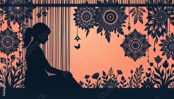 Fototapeta Silhouette of a Woman Meditating by a Decorative Window with Floral and Butterfly Patterns at Sunset